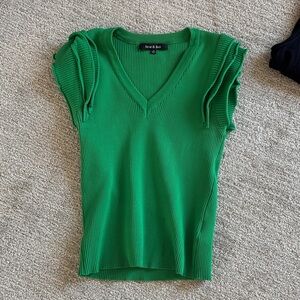 Green V-Neck Ribbed Flutter Sleeve Top